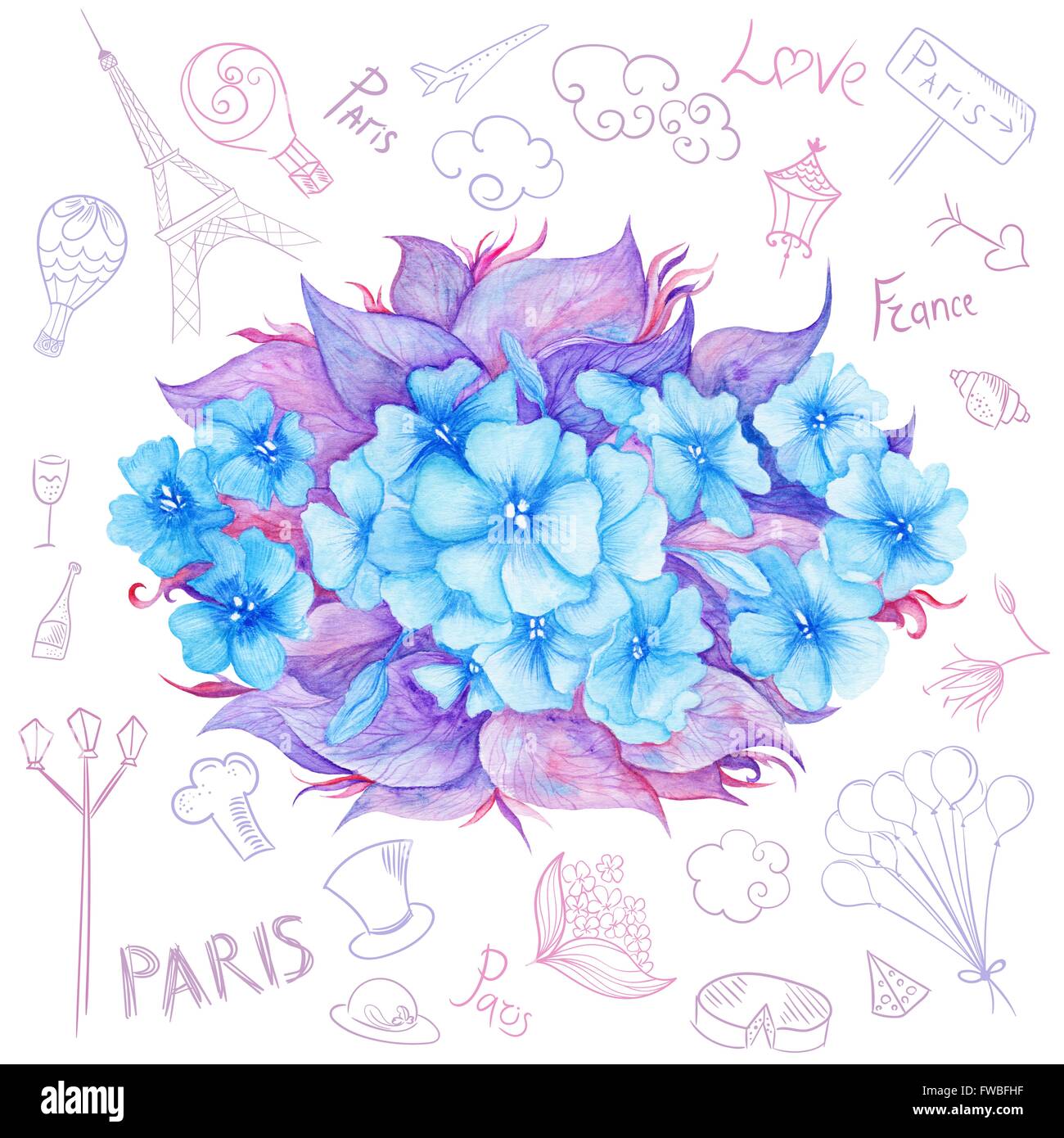 Creative illustration card with blue hydrangea flowers and purple france icons and letterings Stock Photo