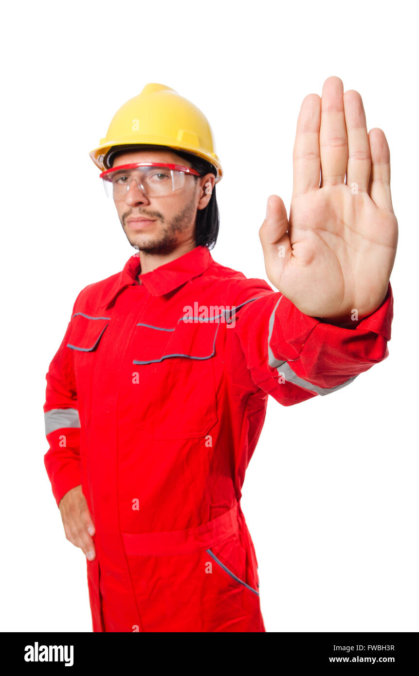 Man wearing red coveralls isolated on white Stock Photo Alamy