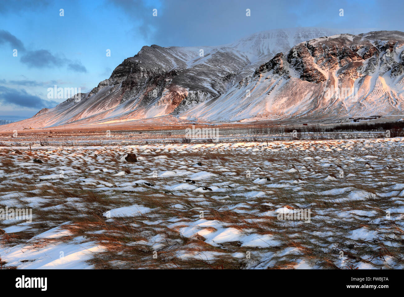 Winter sunrise over the Esja Mountain range, South western Iceland, Europe. Stock Photo