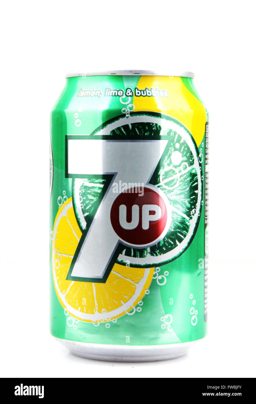 AYTOS, BULGARIA - APRIL 03, 2016: 7 Up isolated on white background. 7 Up is a brand of lemon-lime flavored, non-caffeinated sof Stock Photo