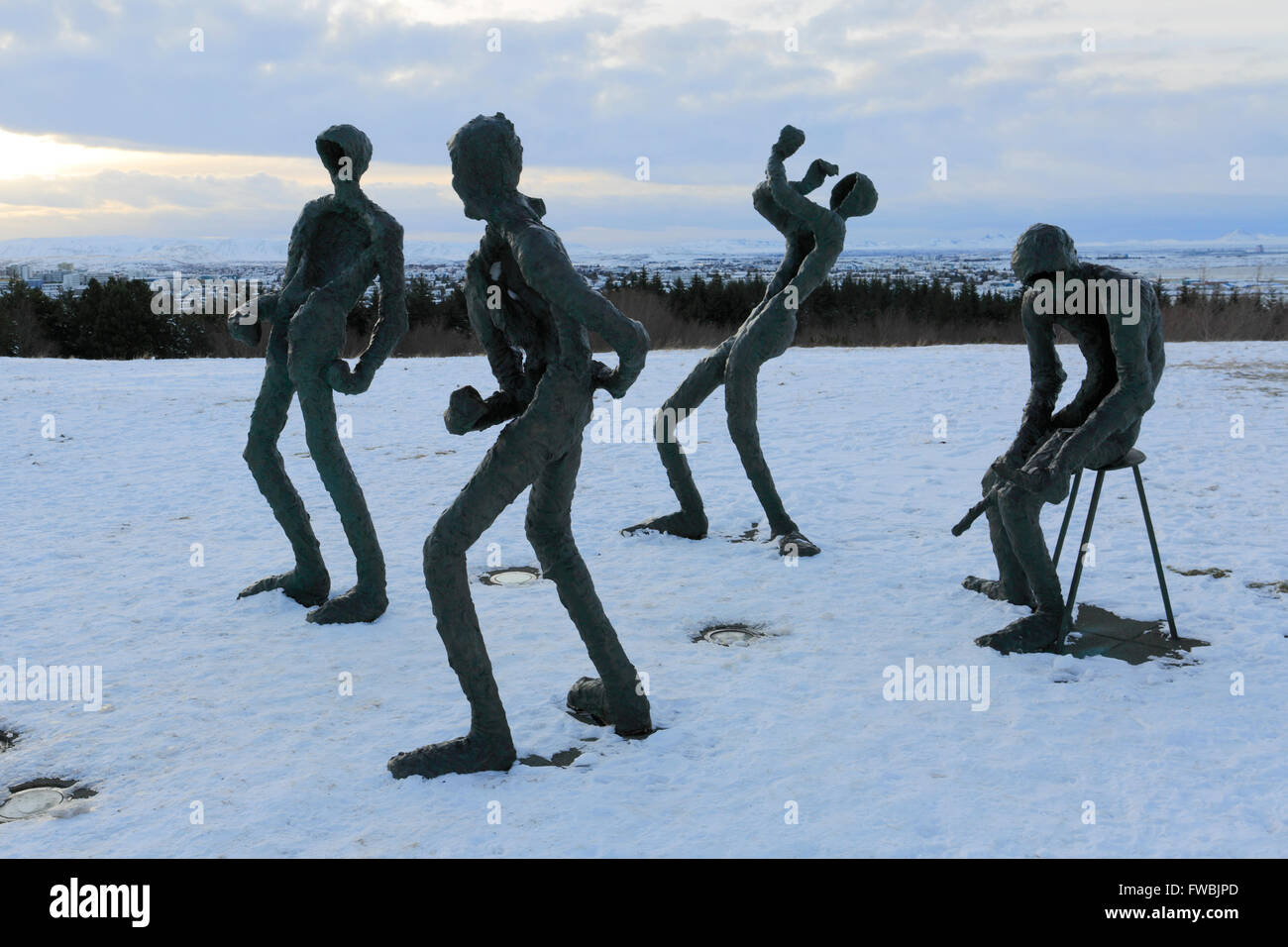 Winter snow, Sculptures outside the Perlan building, Reykjavik city, Iceland Stock Photo