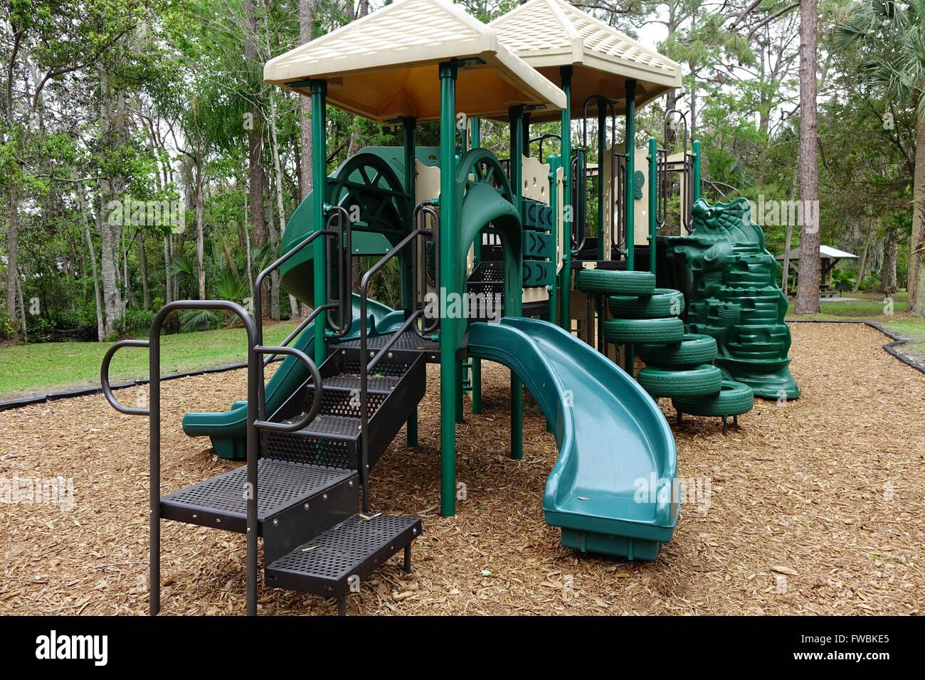 Kiddie playground at Kings Bay park, Crystal River, Florida slides Stock Photo