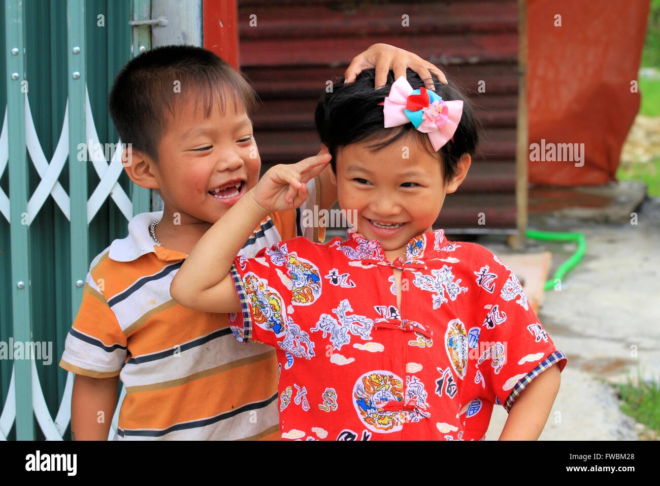 Portrait of smiling children, Sapa Surroundings, Vietnam, Asia Stock Photo