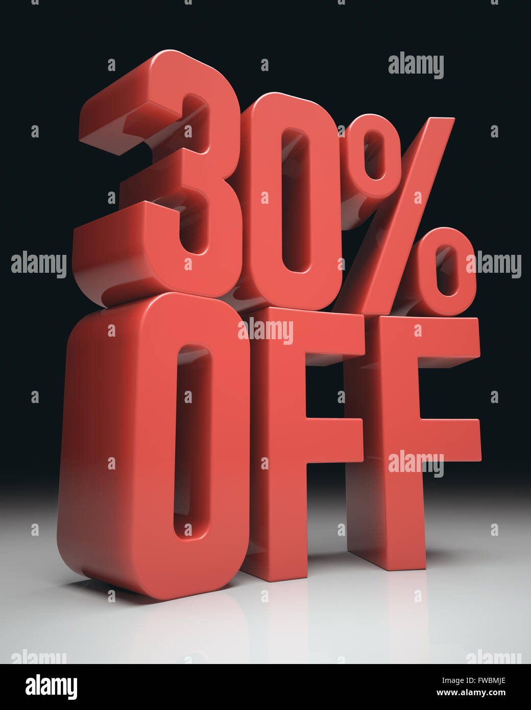 3D image concept. Discount percentage in red on white surface and black background. Clipping path included. Stock Photo