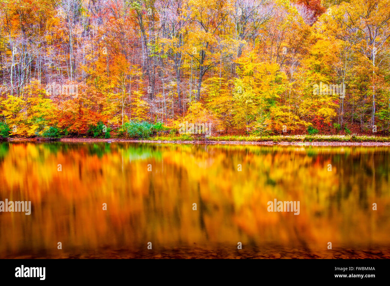 The remnants of autumn cling to the shore line and are reflected off ...