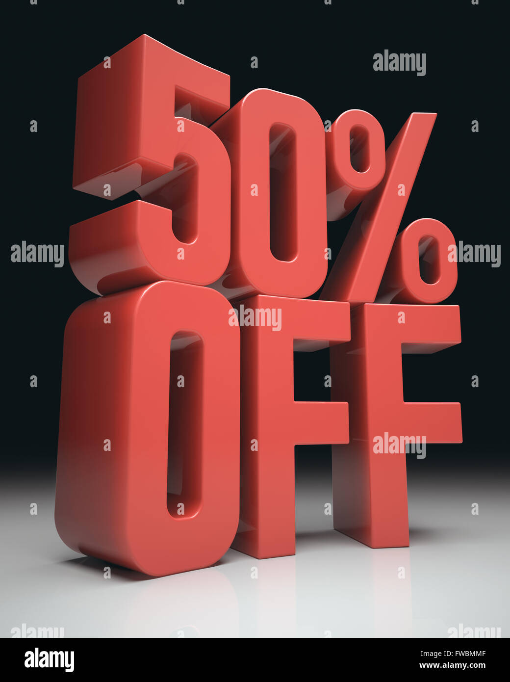 3D image concept. Discount percentage in red on white surface and black background. Clipping path included. Stock Photo