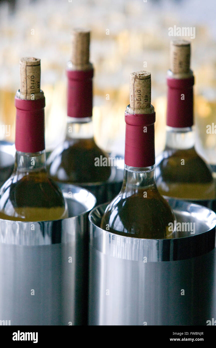 Bottles of wine, corked and waiting to be poured at a wedding reception