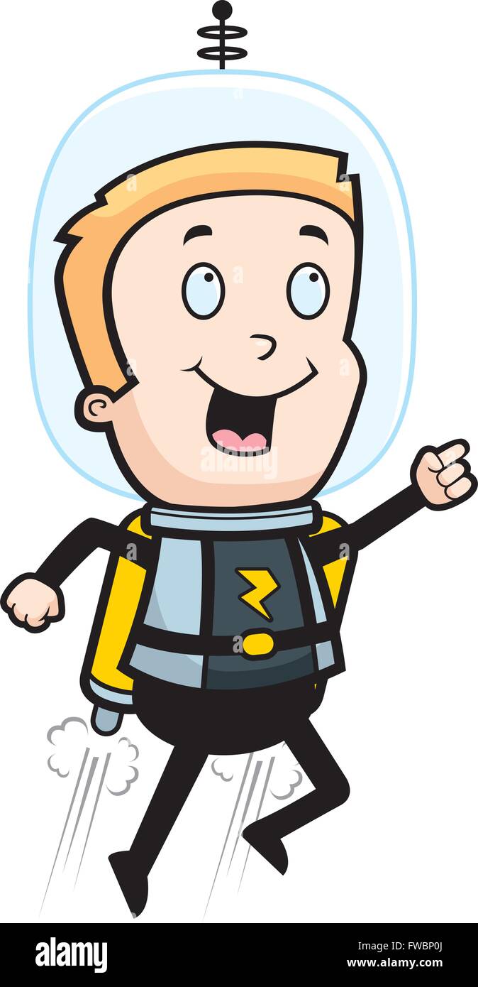 A happy cartoon child astronaut with a jet pack. Stock Vector