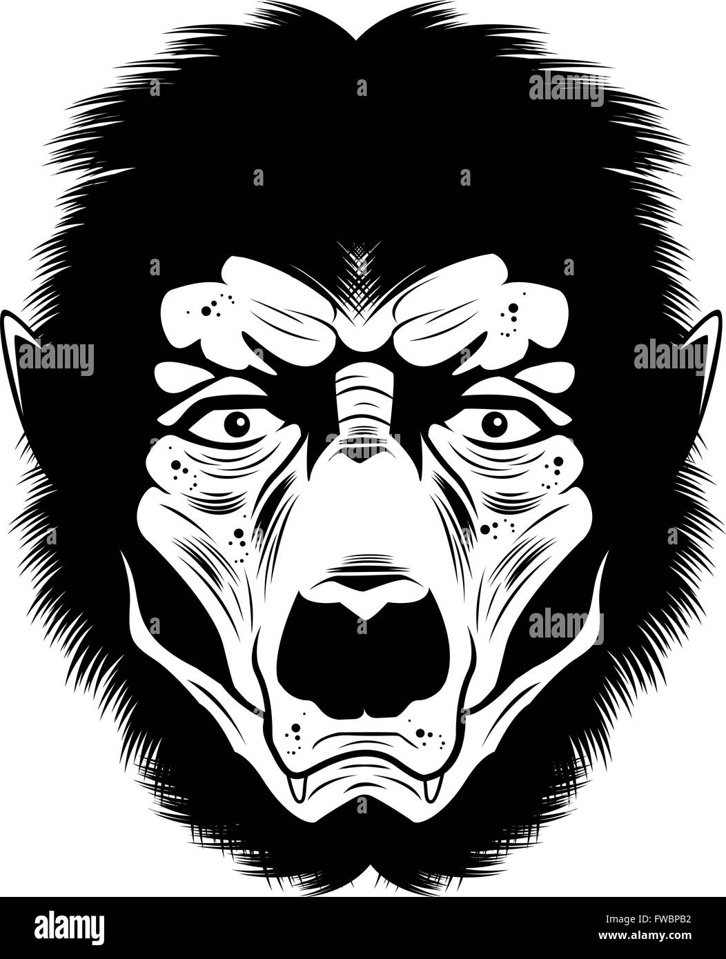 A black and white illustration of a werewolf face. Stock Vector