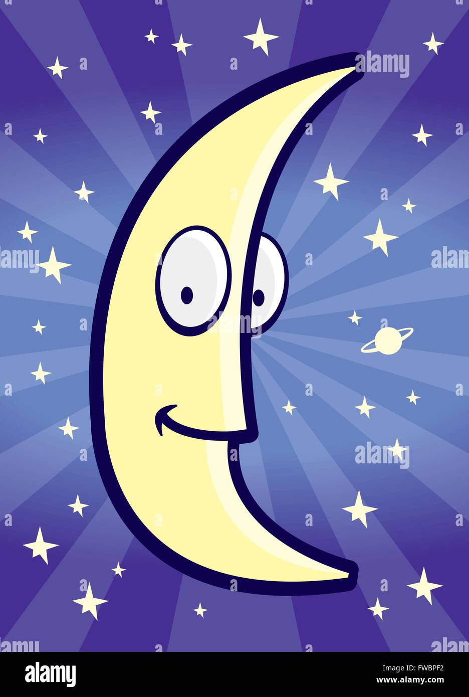 A cartoon moon smiling in the night sky. Stock Vector