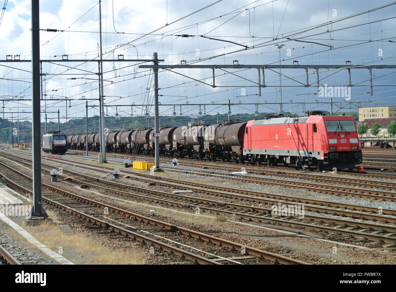 Overview of Venlo shunting yard, Venlo, Holland, with two waiting Eurosprinter class diesel locomotives Stock Photo
