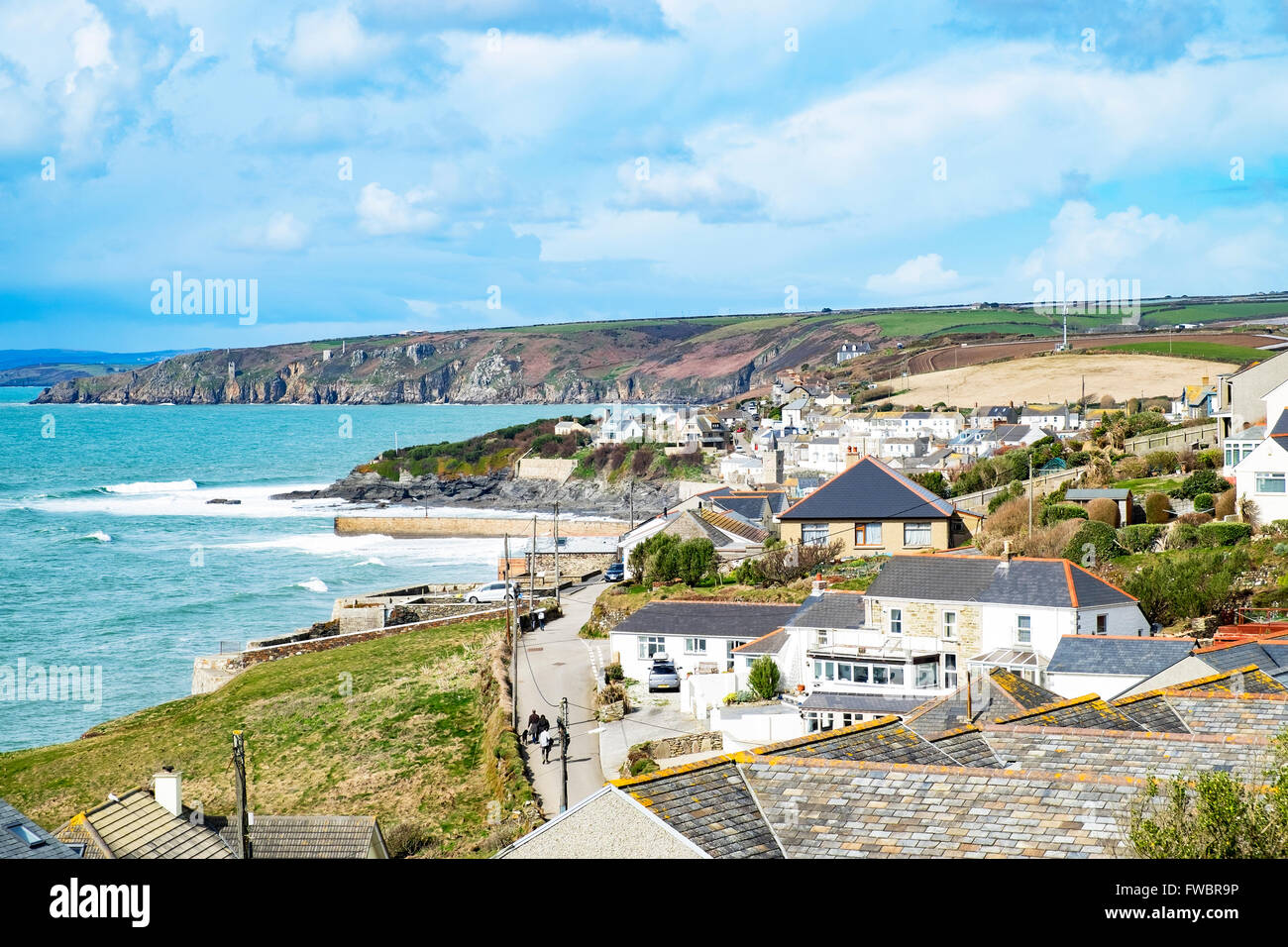 A view over Porthleven, Cornwall from Penrose head. Stock Photo