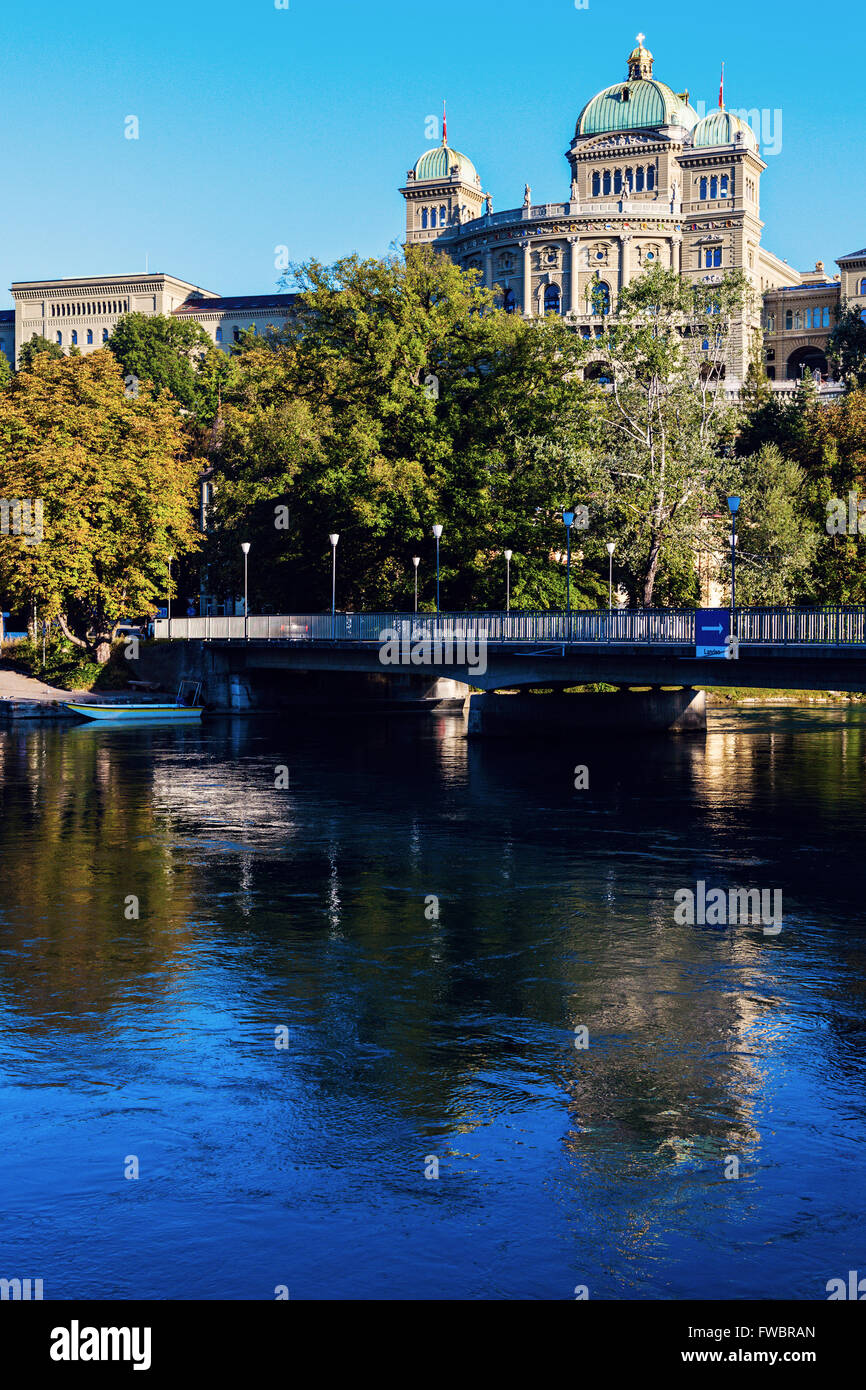 Bundeshaus and Aare River in Bern Stock Photo