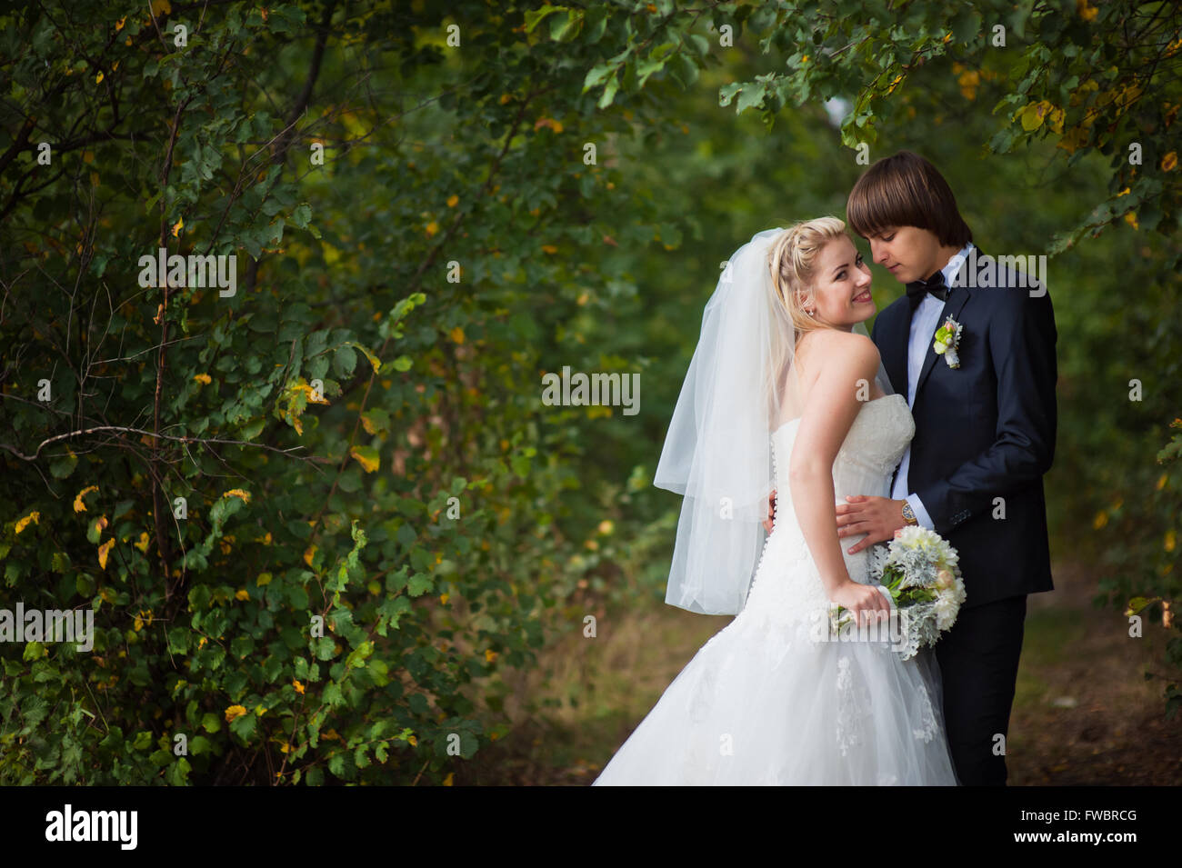 bride and groom standing in the park Stock Photo - Alamy