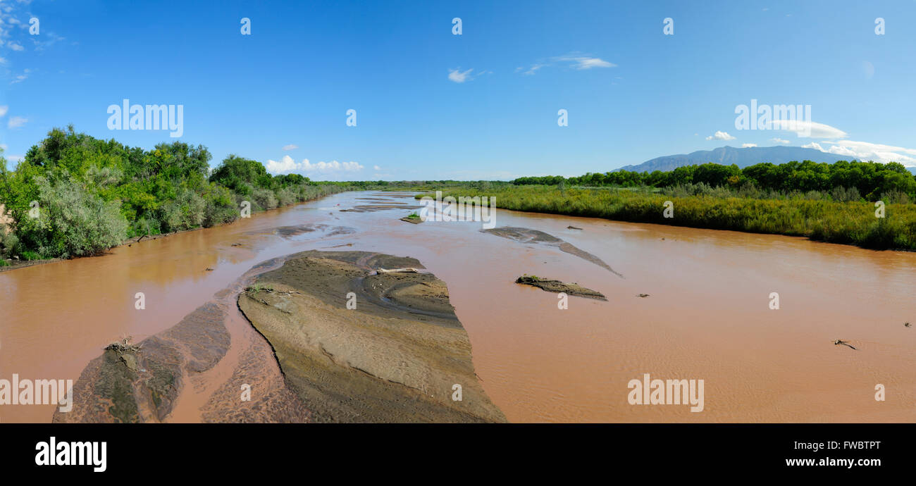 Rio Grande river and Sandia mountains in a wide western panorama. Stock Photo