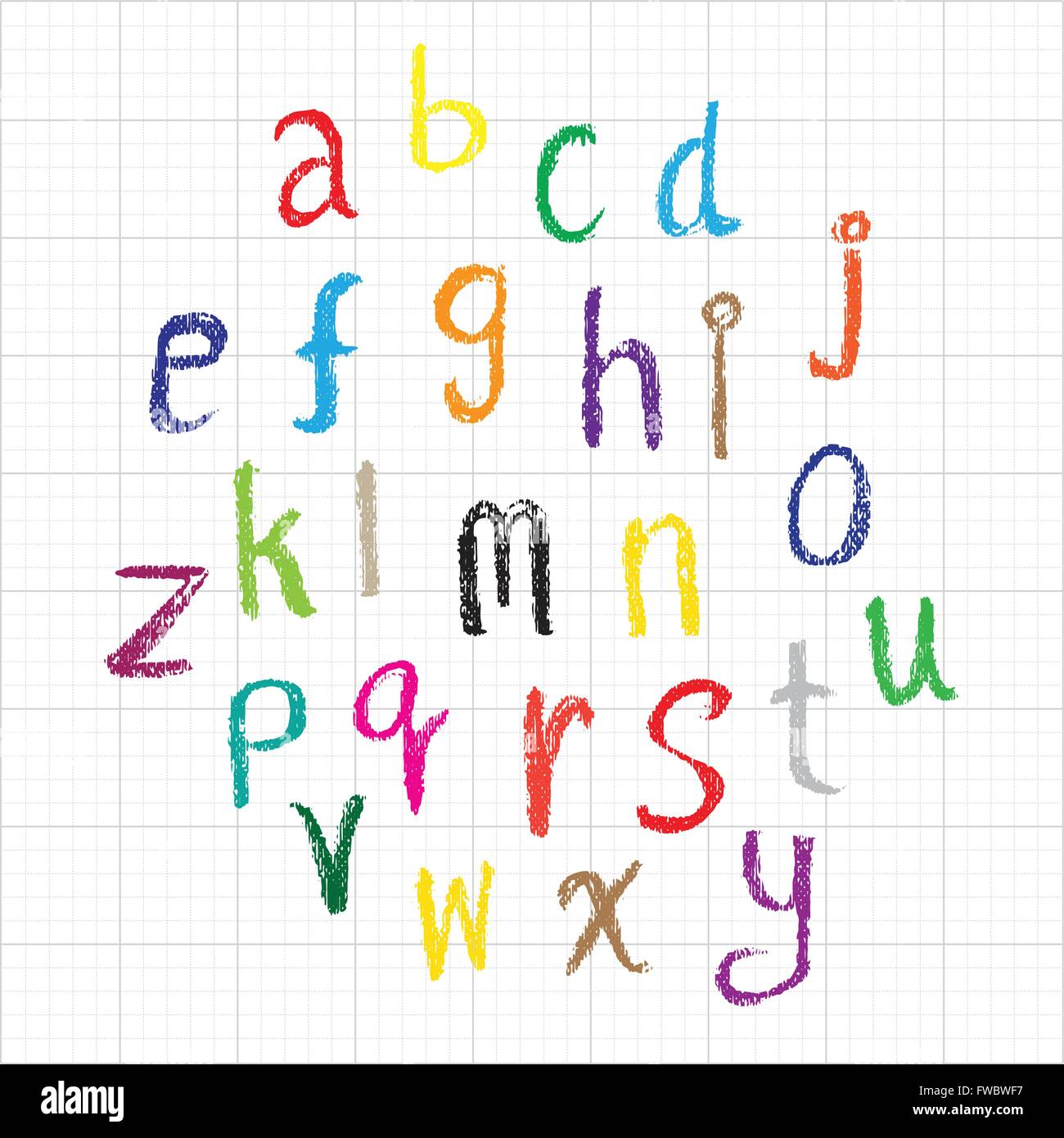 Child drawing of alphabet font made with wax crayons Stock Vector