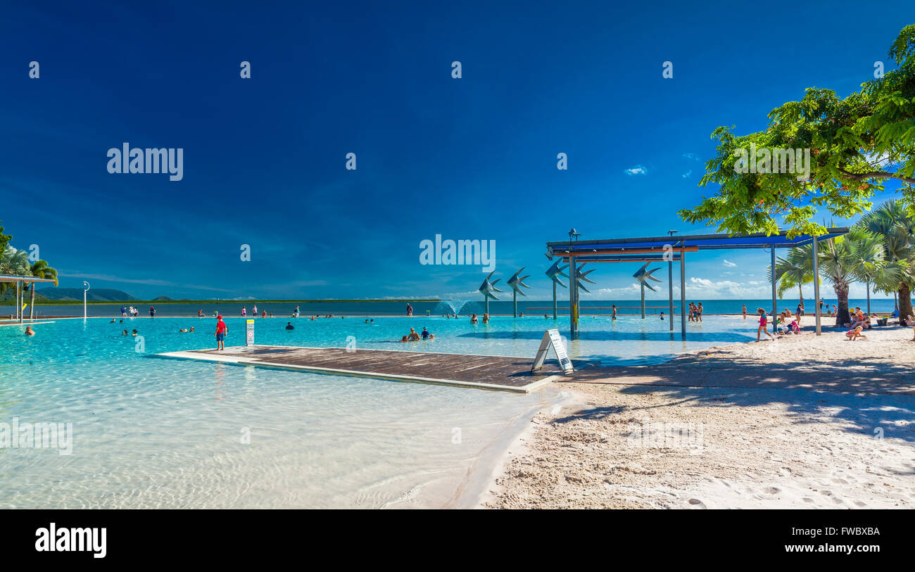 CAIRNS, AUSTRALIA - 27 MARCH 2016. Tropical swimming lagoon on the Esplanade in Cairns with artificial beach, Queensland, Austra Stock Photo