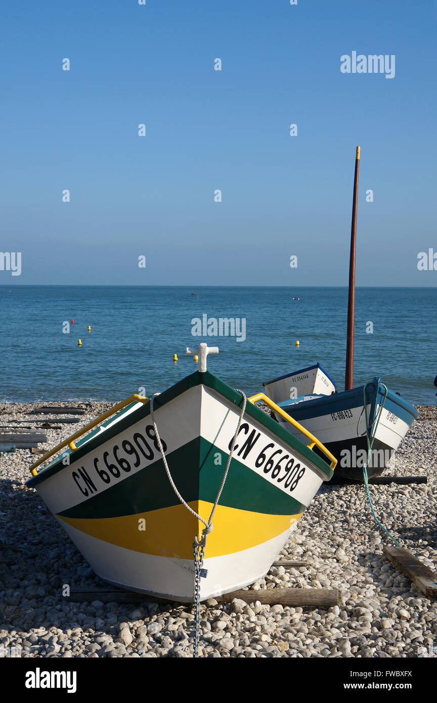 Wooden fishing boats on the beach of Yport, Normandy Stock Photo