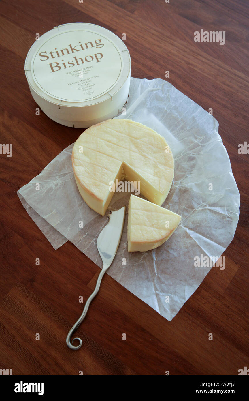 Studio style still life of round of Stinking Bishop cheese made in Dymock Gloucestershire, UK. The rind of the cheese is washed in the perry of the Stinking bishop pear to give it it's unique taste. Stock Photo