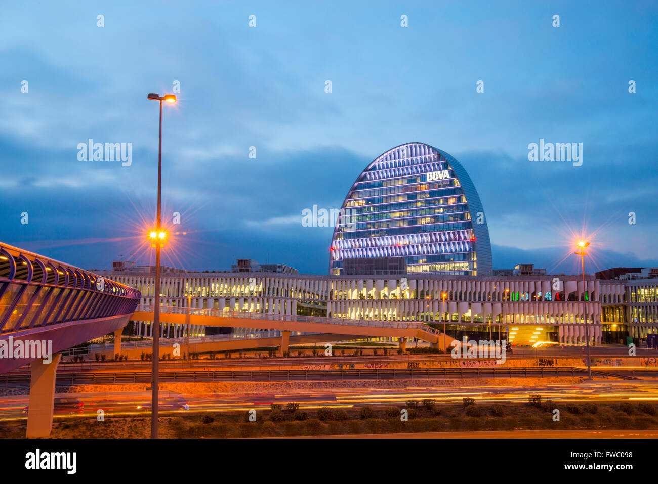 La Vela building and A-1 motorway, night view. Sanchinarro, Madrid, Spain. Stock Photo