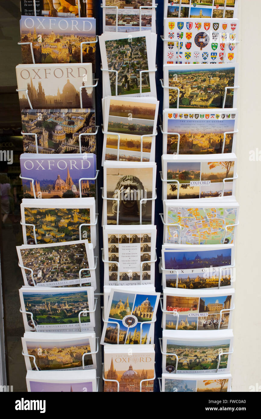 A selection of postcards on sale outside a small shop in the University town of Oxord,UK. Stock Photo