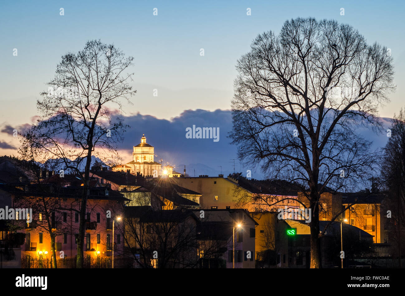 Turin (Torino), Church of Santa Maria al Monte (Monte dei Cappuccini) at twilight Stock Photo