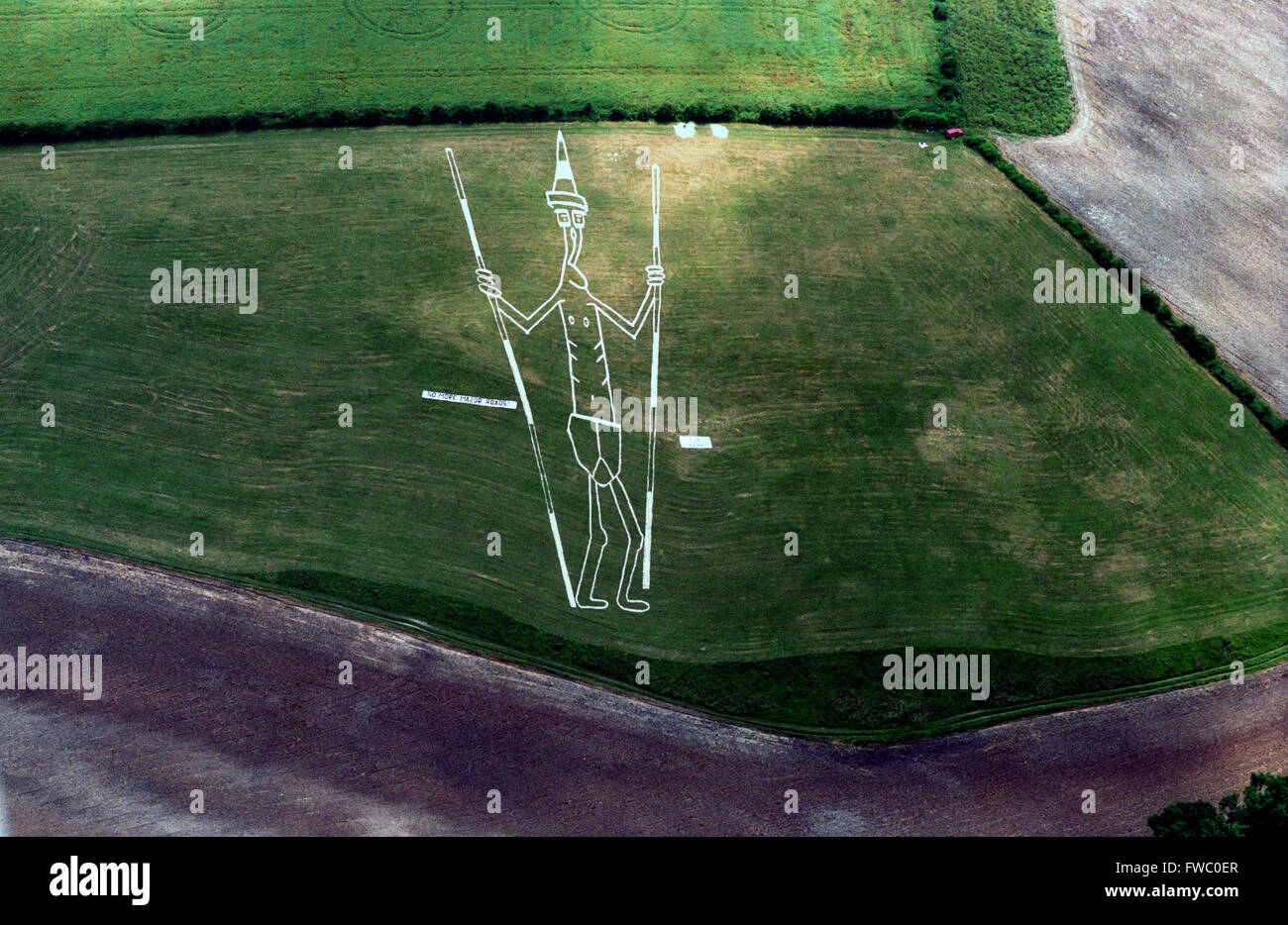 A chalk-carving of John Major, sketched by Steve Bell, carved into the hillside on the South Downs at Ditchling, to protest agai Stock Photo