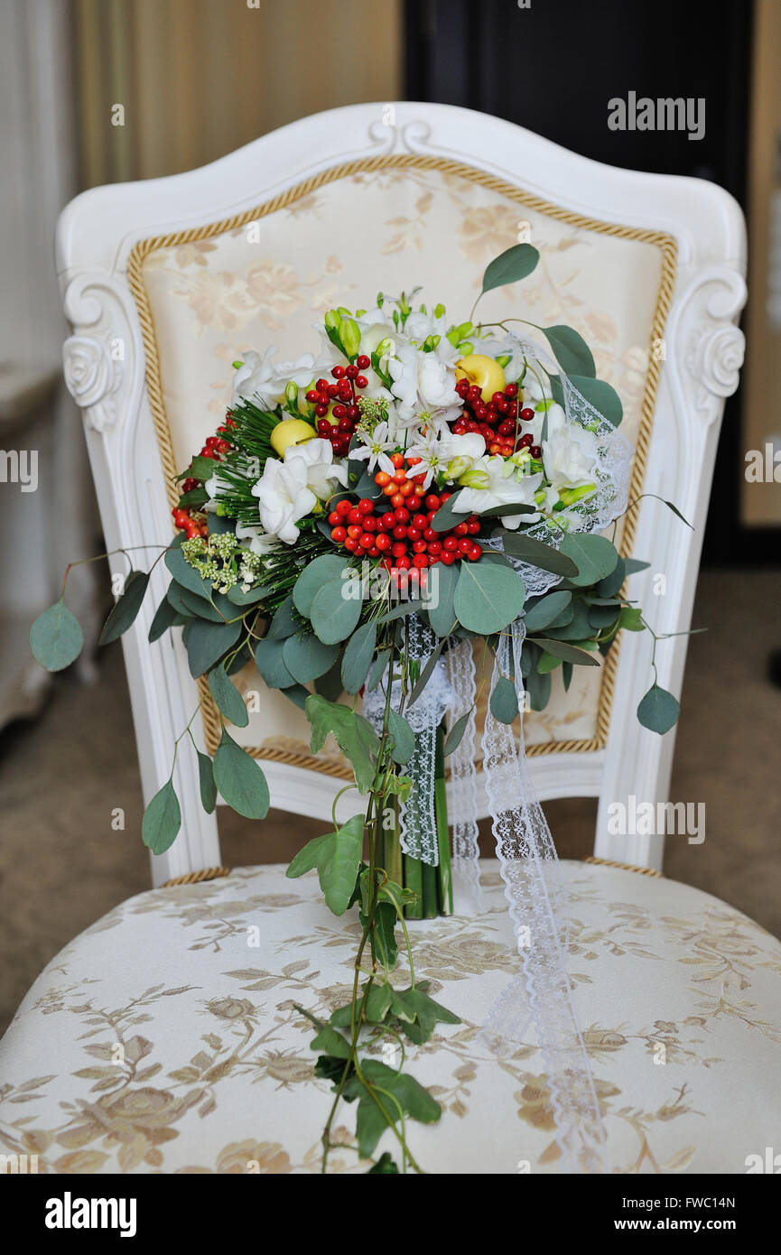 bridal bouquet lying on the chair Stock Photo Alamy