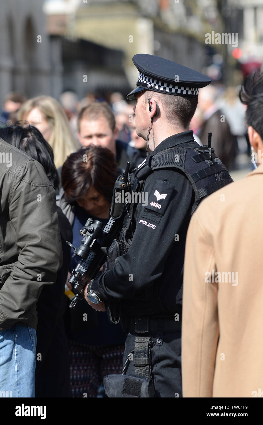 Armed policeman in London with tourists outside of Horse Guards in Whitehall. People. Person. Male police officer for security busy with tourists Stock Photo