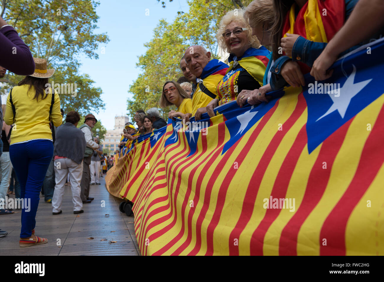 The National Day of Catalonia flag in Barcelona, Spain Stock Photo