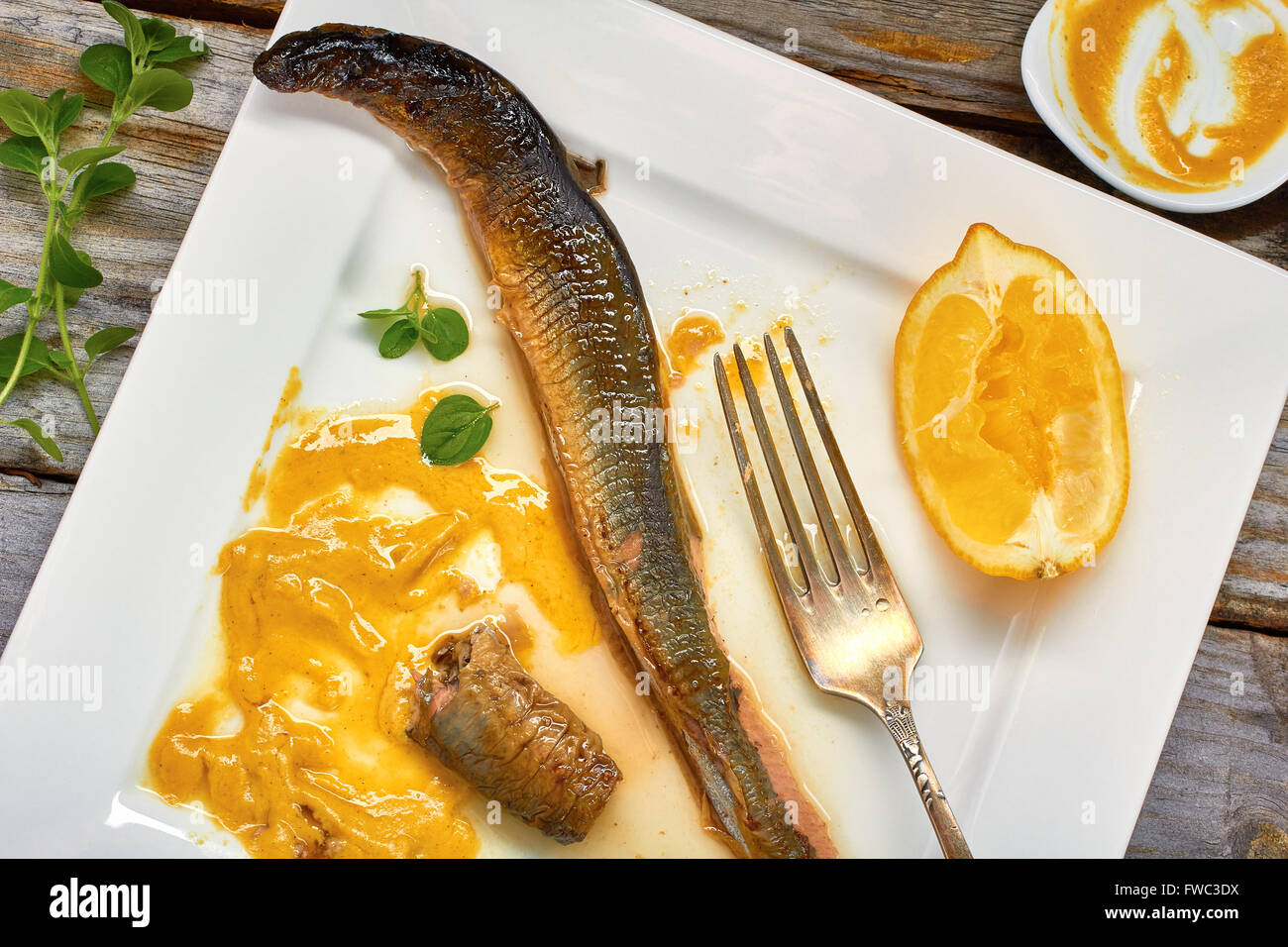 Stewed lamprey  on plate Stock Photo