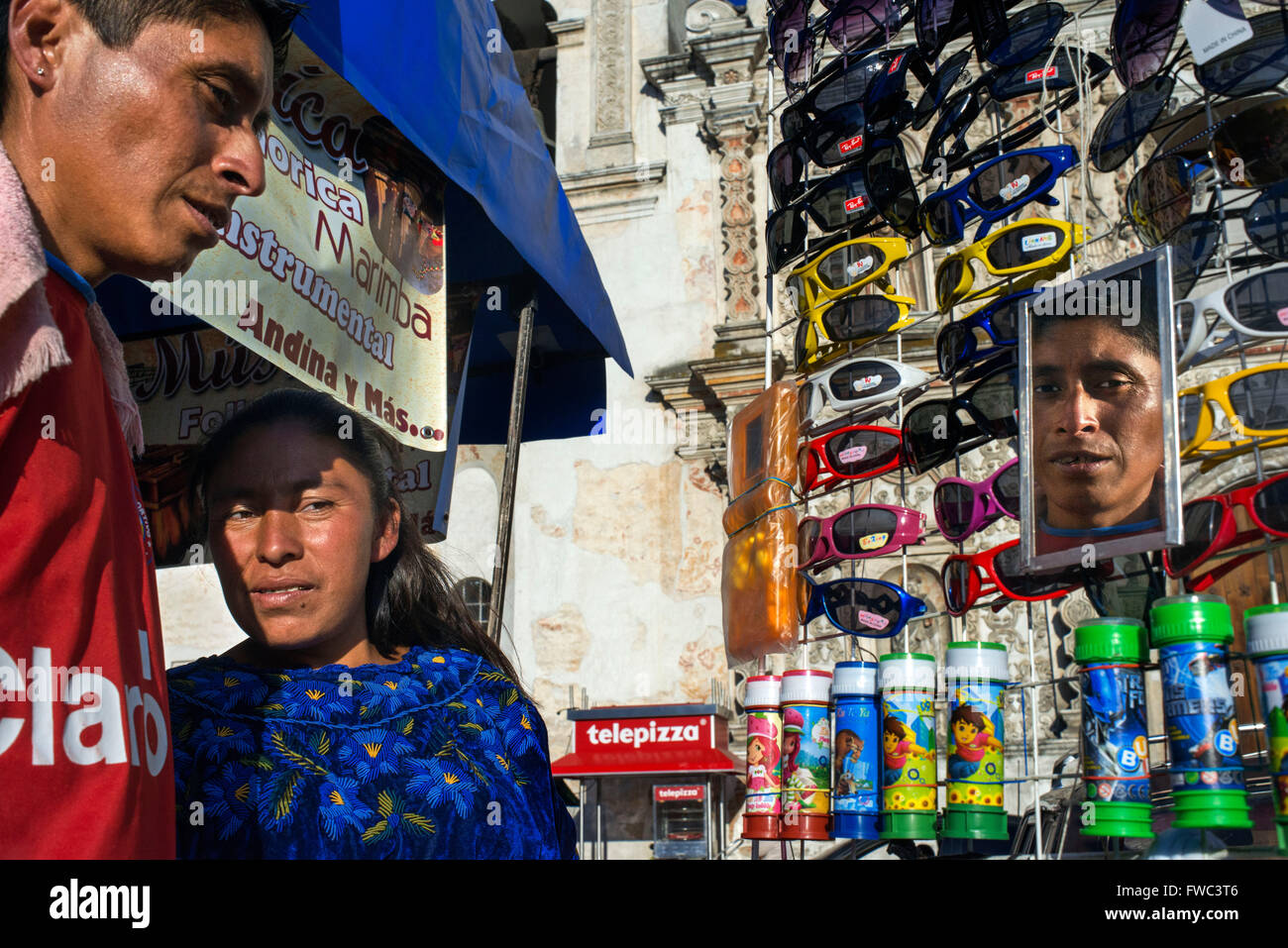 Sunglasses shop street in America Central Park, Quetzaltenango city Guatemala. Stock Photo
