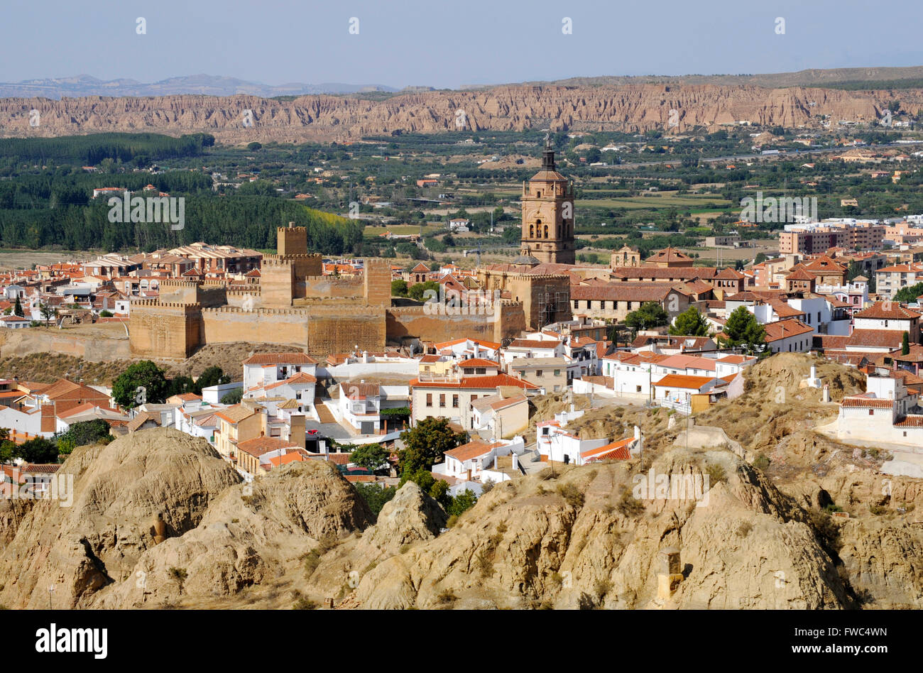 Guadix Granada province, Cave dwelling area troglodyte. Guadix cathedral Panoramic skyline landscape Stock Photo