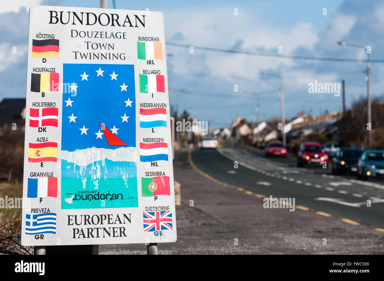Sign at the entrance to Bundoran, Donegal, Ireland. Stock Photo