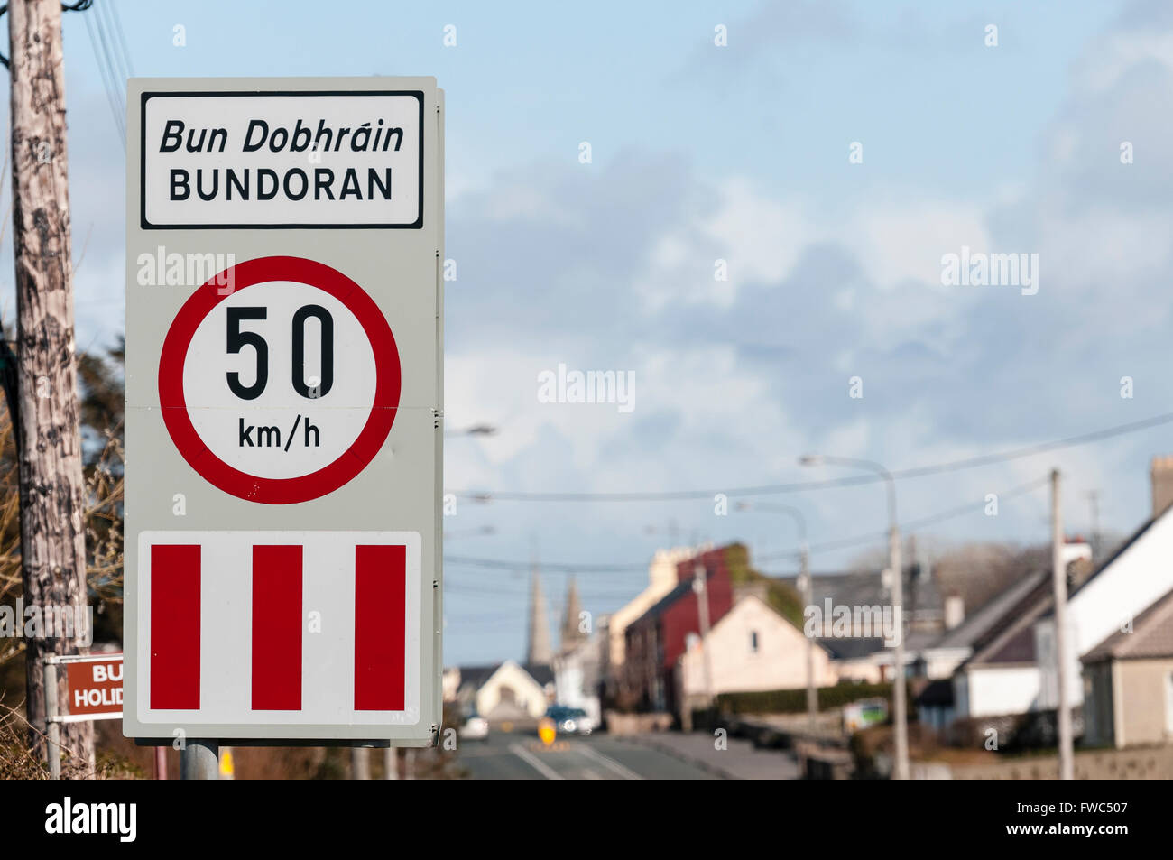 Sign at the entrance to Bundoran, Donegal, Ireland, with a 50km/h speed limit. Stock Photo