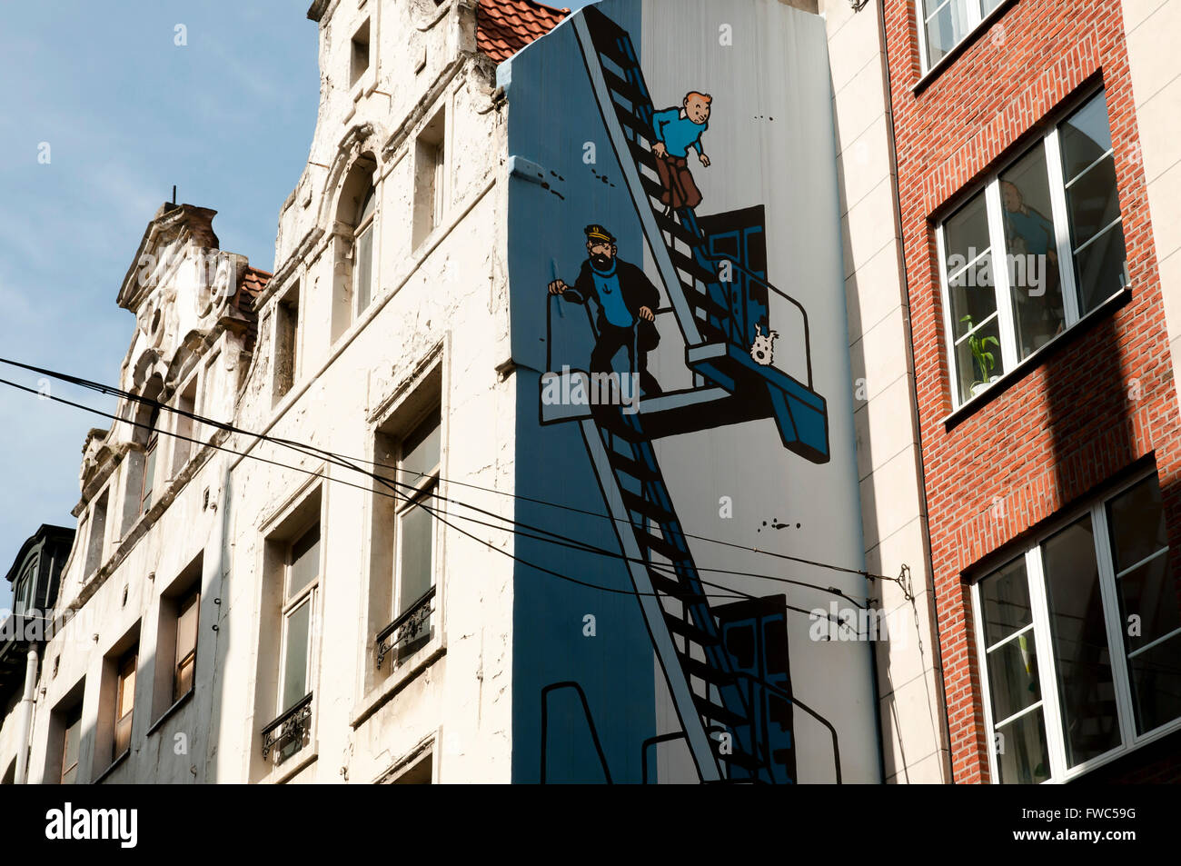 Wall painting of Tintin & Captain Haddock in its country of creation Stock Photo