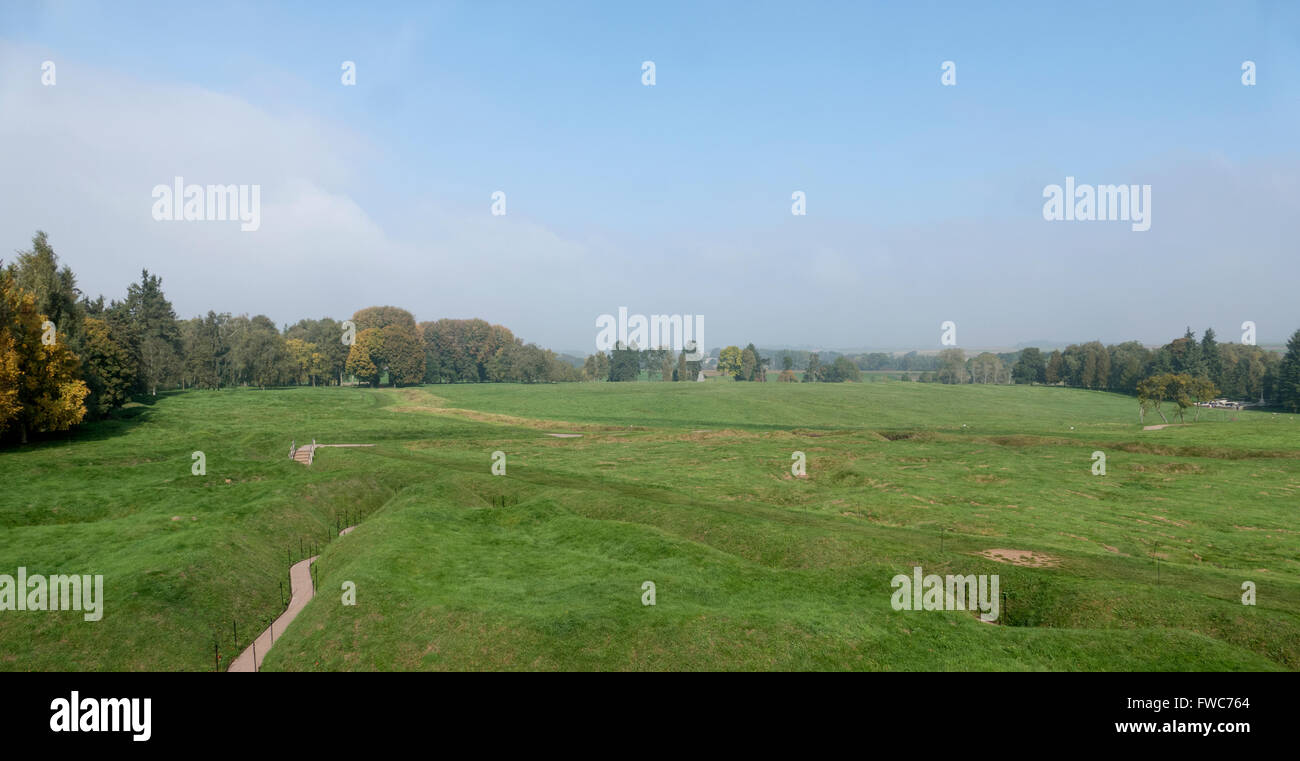 Remains of Canadian Army trenches (bottom) and German army trenches (top). No-mans land spanned only a few yards. Stock Photo