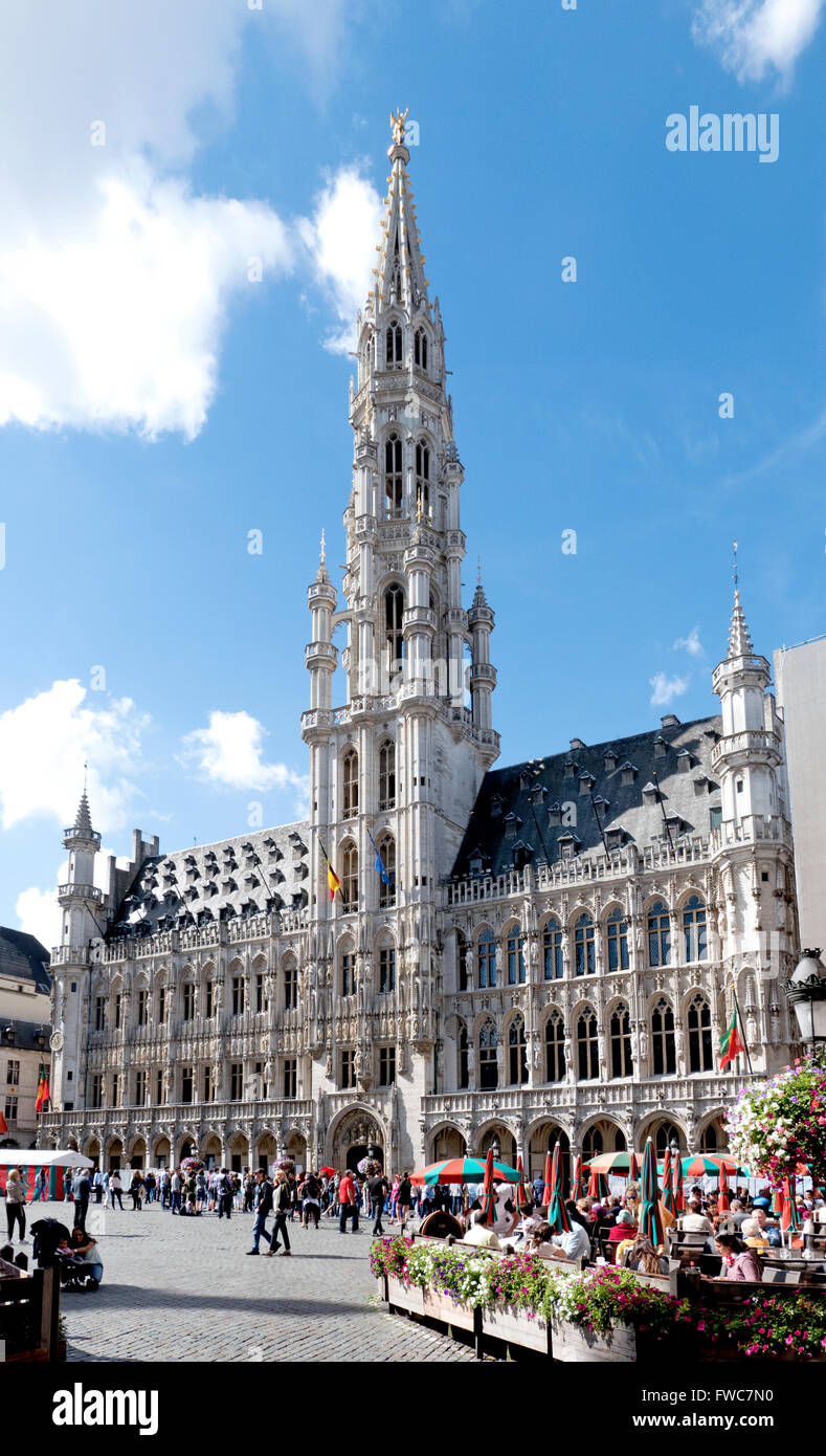 The Medieval Town Hall / Hotel De Ville Stadhuis in Grand Place, Brussels, Belgium. Stock Photo