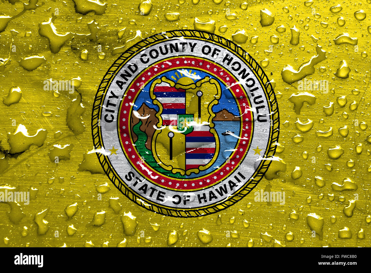 flag of Honolulu with rain drops Stock Photo