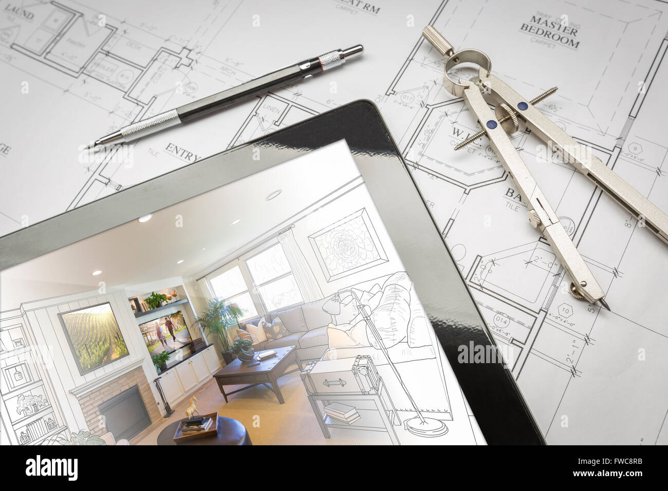 Living Computer Drawings Computer Tablet Showing Living Room Illustration Sitting On House Plans ...