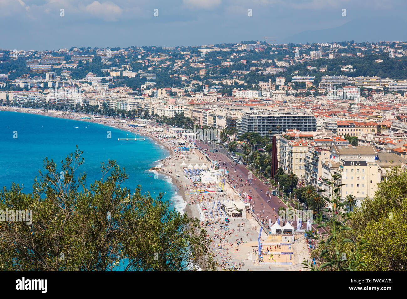 Nice, French Riviera, Cote d'Azur, France.  Beach and Promenade des Anglais seen from Parc de la Colline du Chateau. Stock Photo