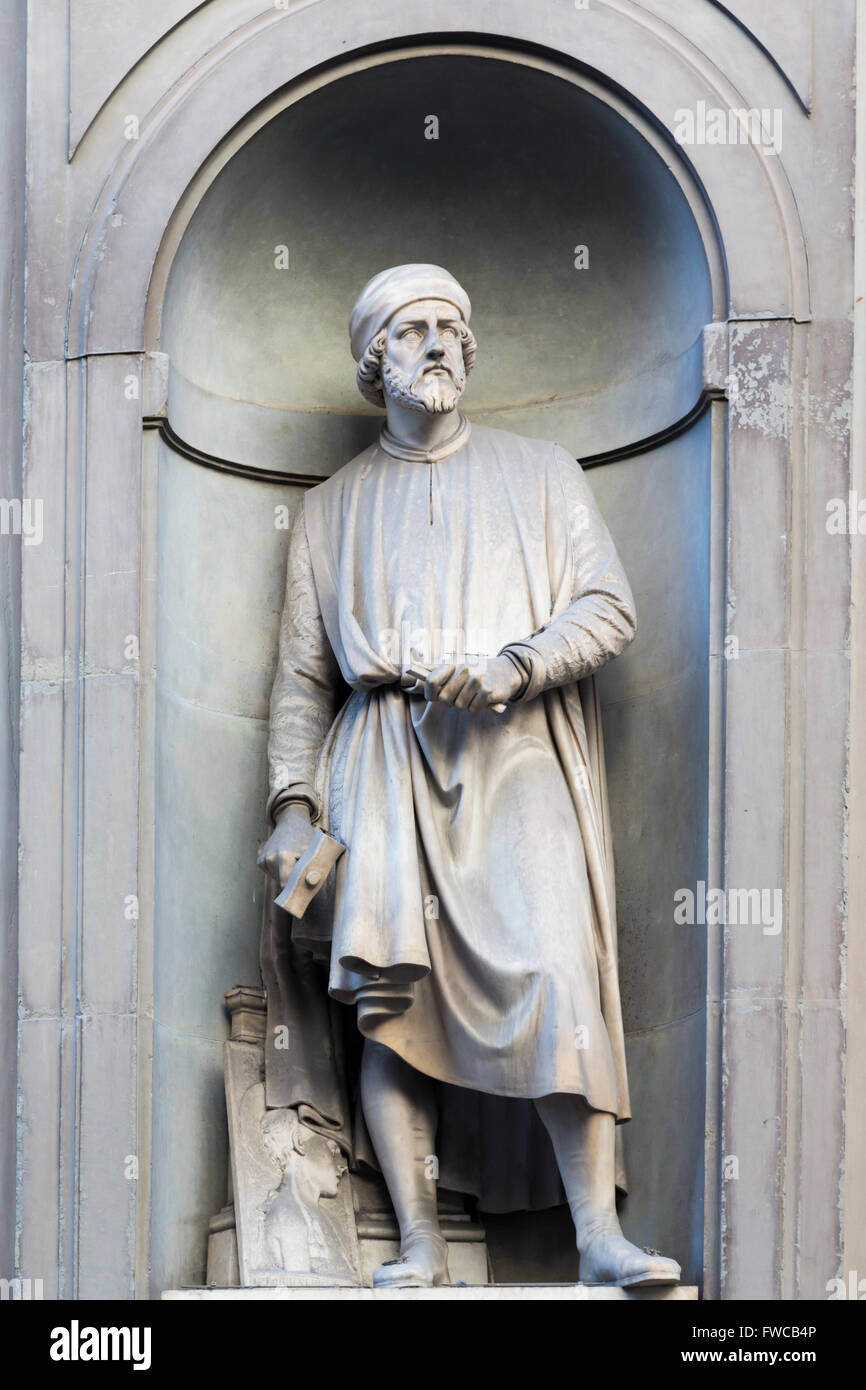 Florence, Tuscany, Italy.  Statue in Piazzale degli Uffizi of Florentine sculptor Donato di Niccolò di Betto Bardi Stock Photo