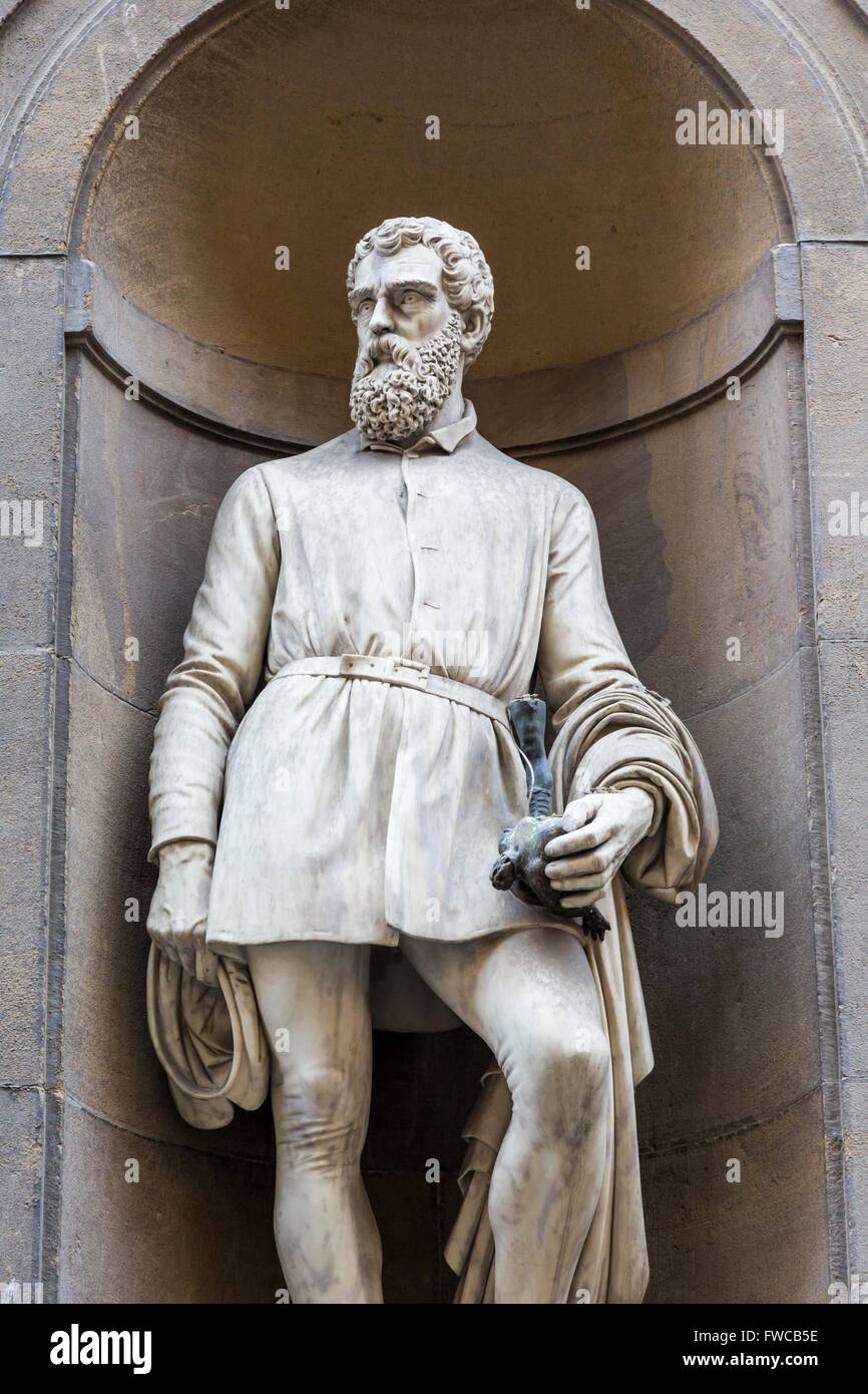 Florence, Florence Province, Tuscany, Italy.  Statue of Florentine goldsmith, sculptor and artist Benvenuto Cellini, 1500-1571 Stock Photo