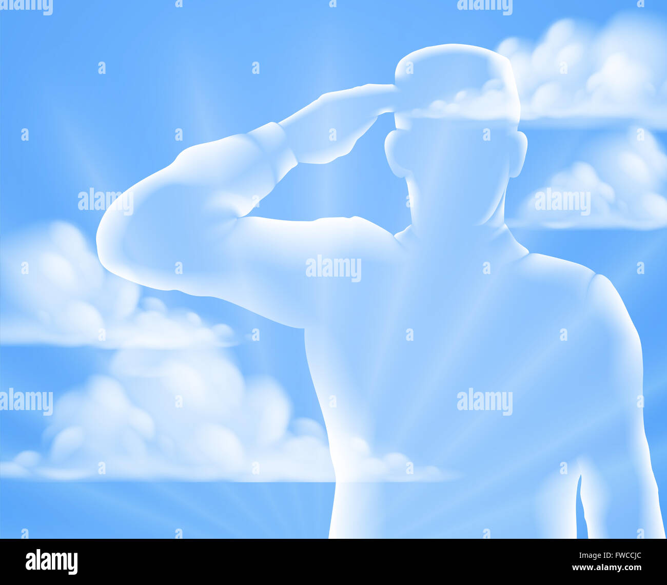A soldier saluting with cloud sky background, design for Memorial Day
