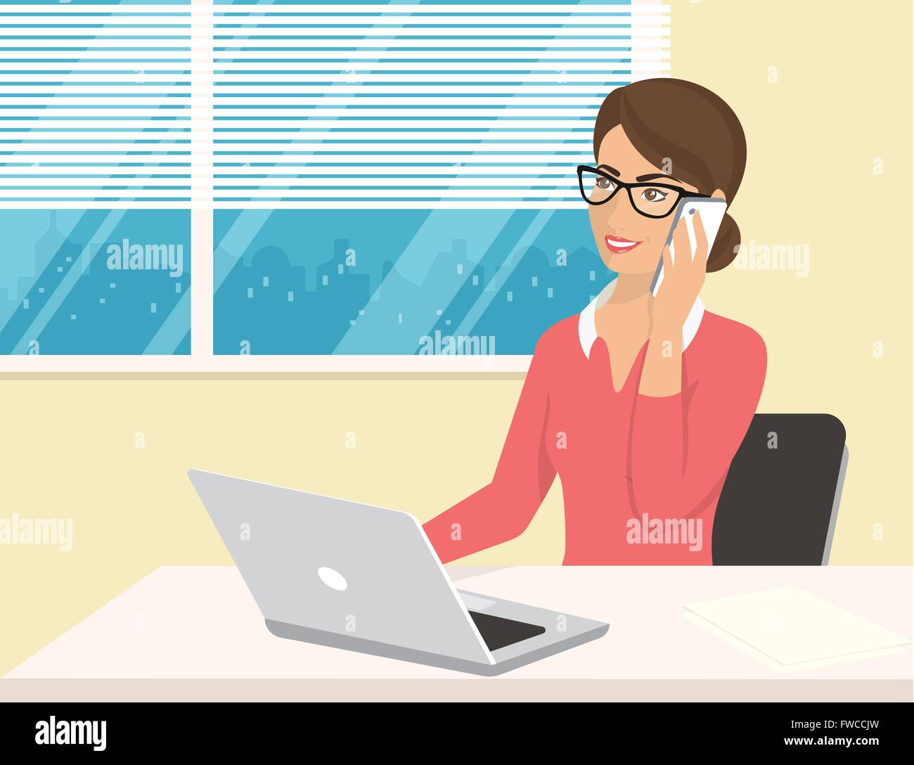 Business woman wearing rose shirt sitting in the office and talking by cellphone Stock Vector