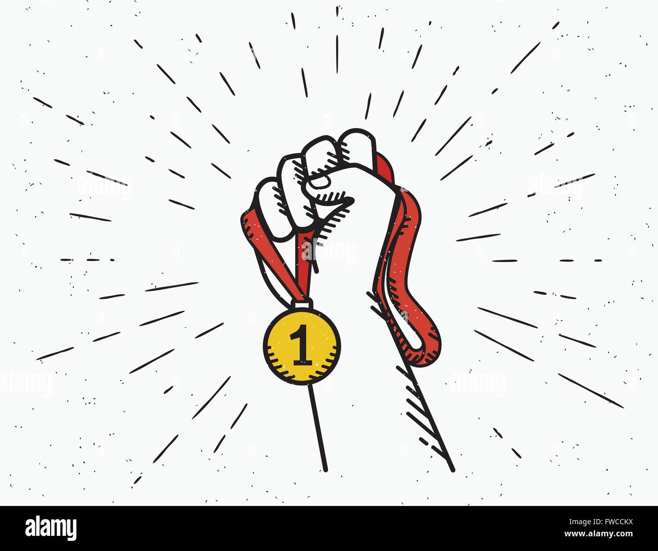 Human vintage hand holds red ribbon with golden medal Stock Vector ...