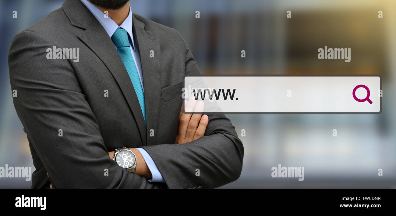 Professional men standing with illustrated web search bar. Stock Photo