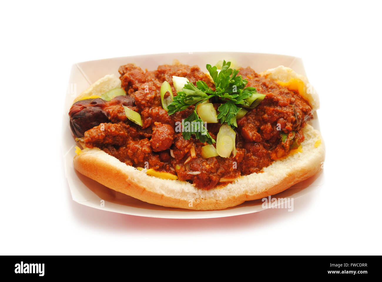 Top View of a Take Out Chili Dog With Scallions Stock Photo