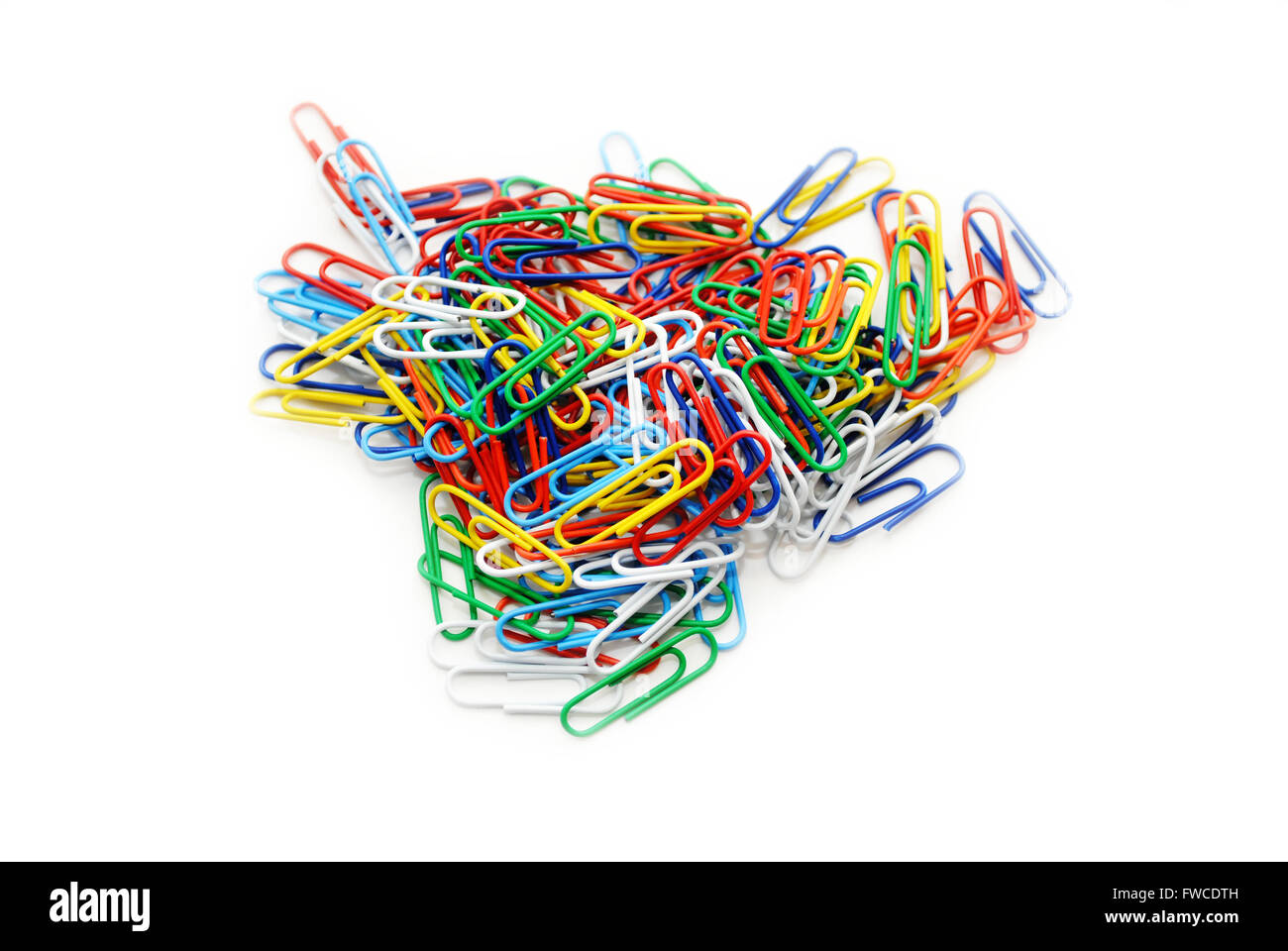 A Pile of Colorful Paper Clips on White Stock Photo