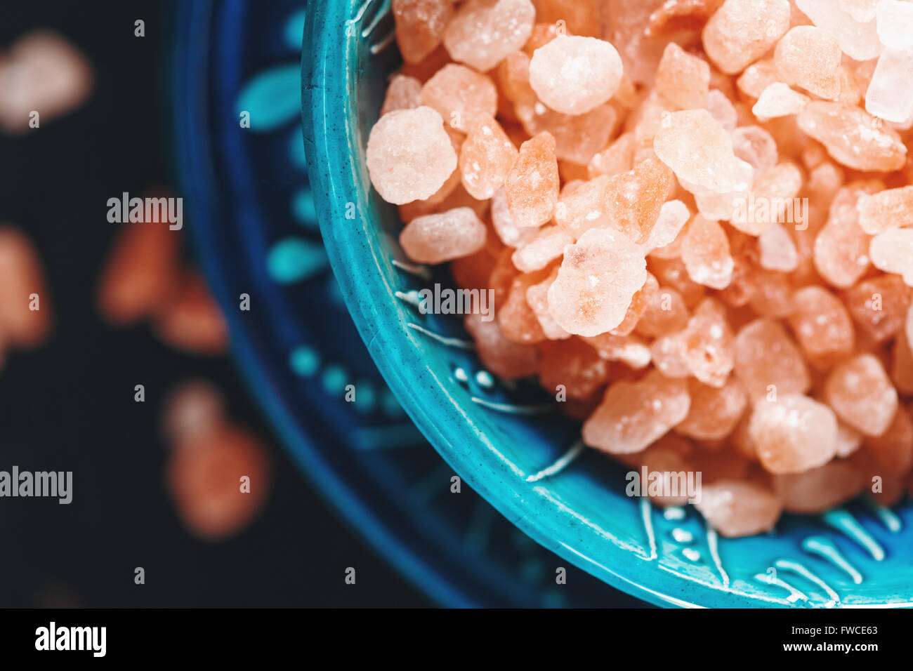 Himalayan Pink Salt Crystals Close Up in a Blue Ceramic Authentic Bowl ...